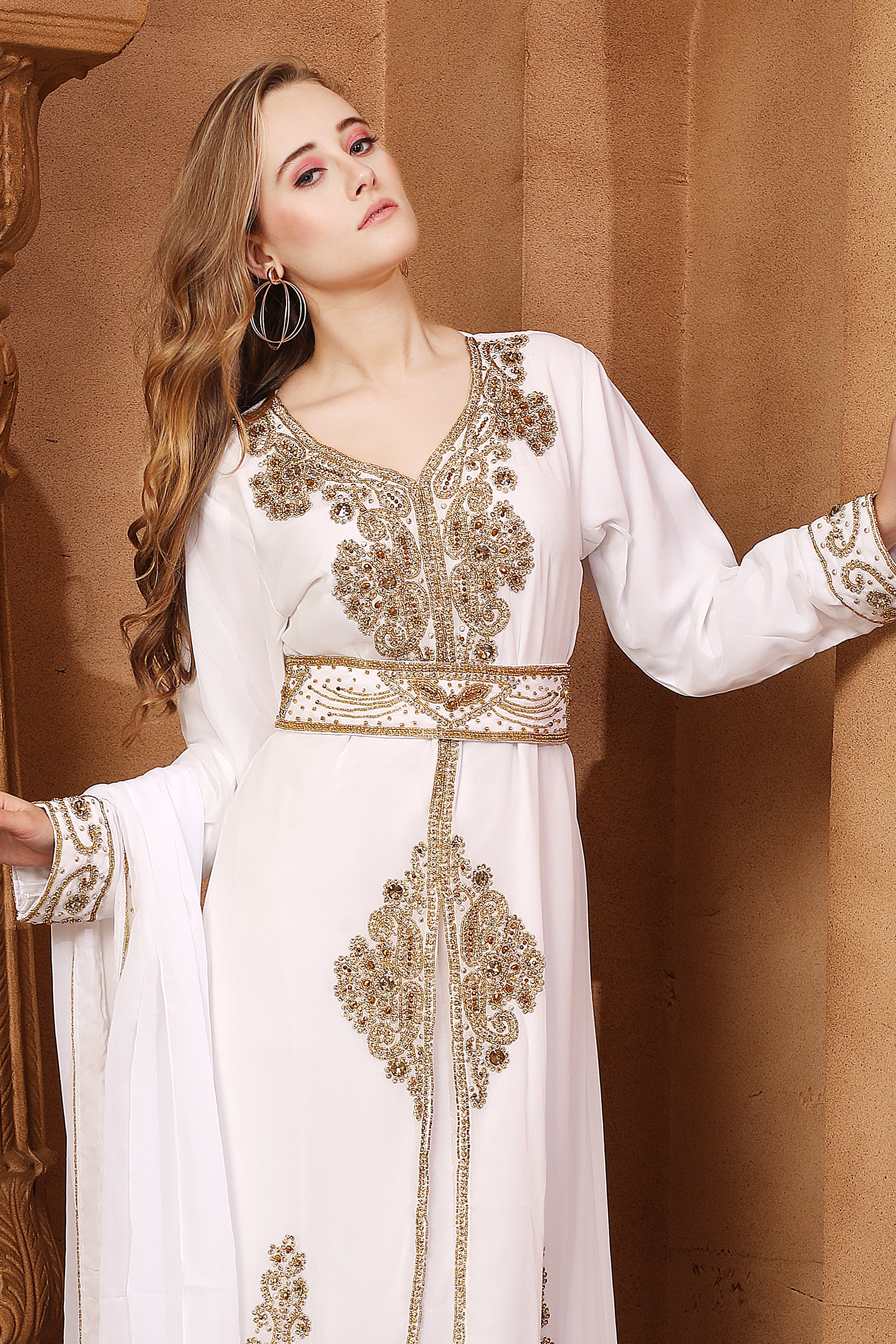 Closeup of Sultana White Moroccan Caftan With Hand Embroidery