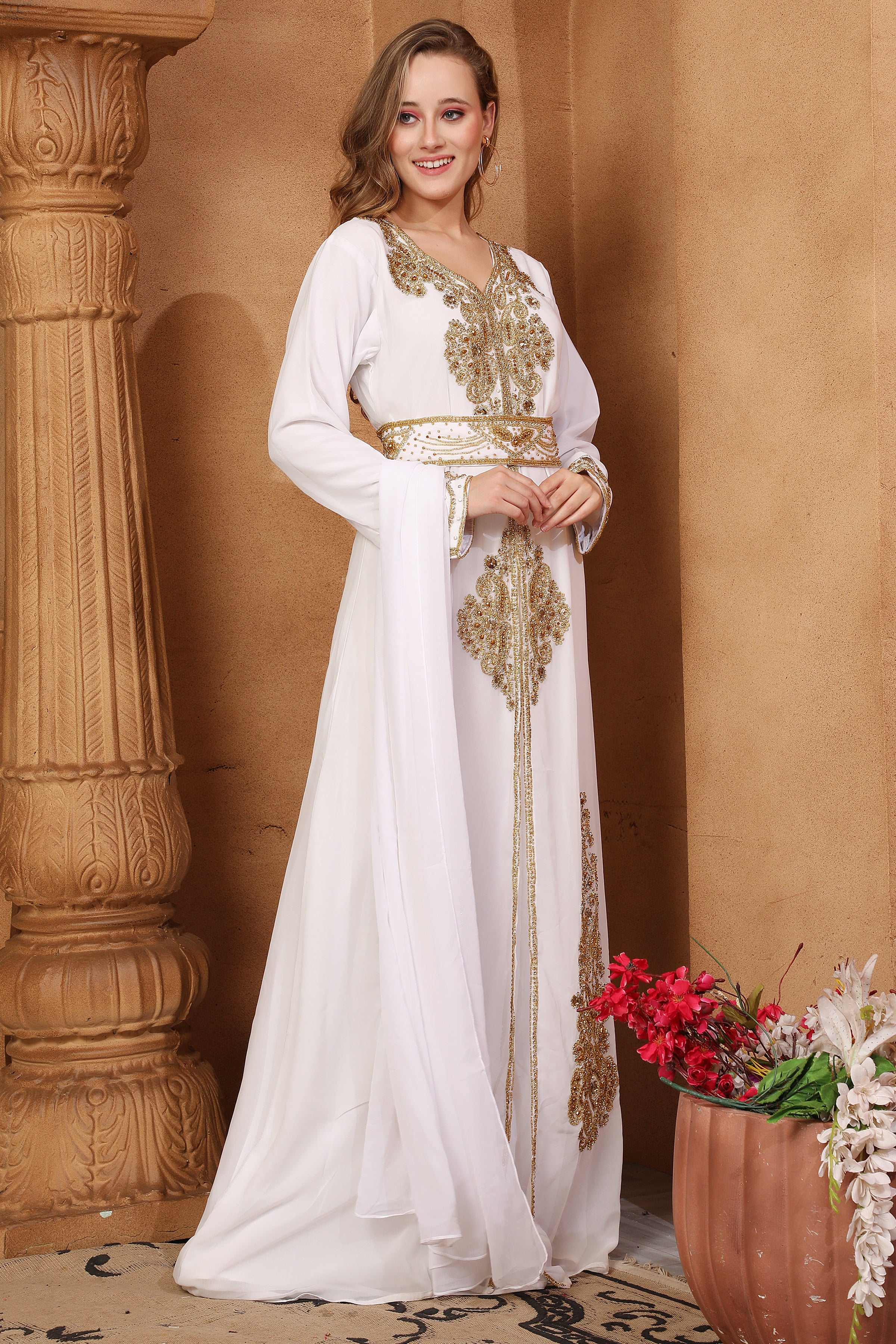 Side of Sultana White Moroccan Caftan With Hand Embroidery
