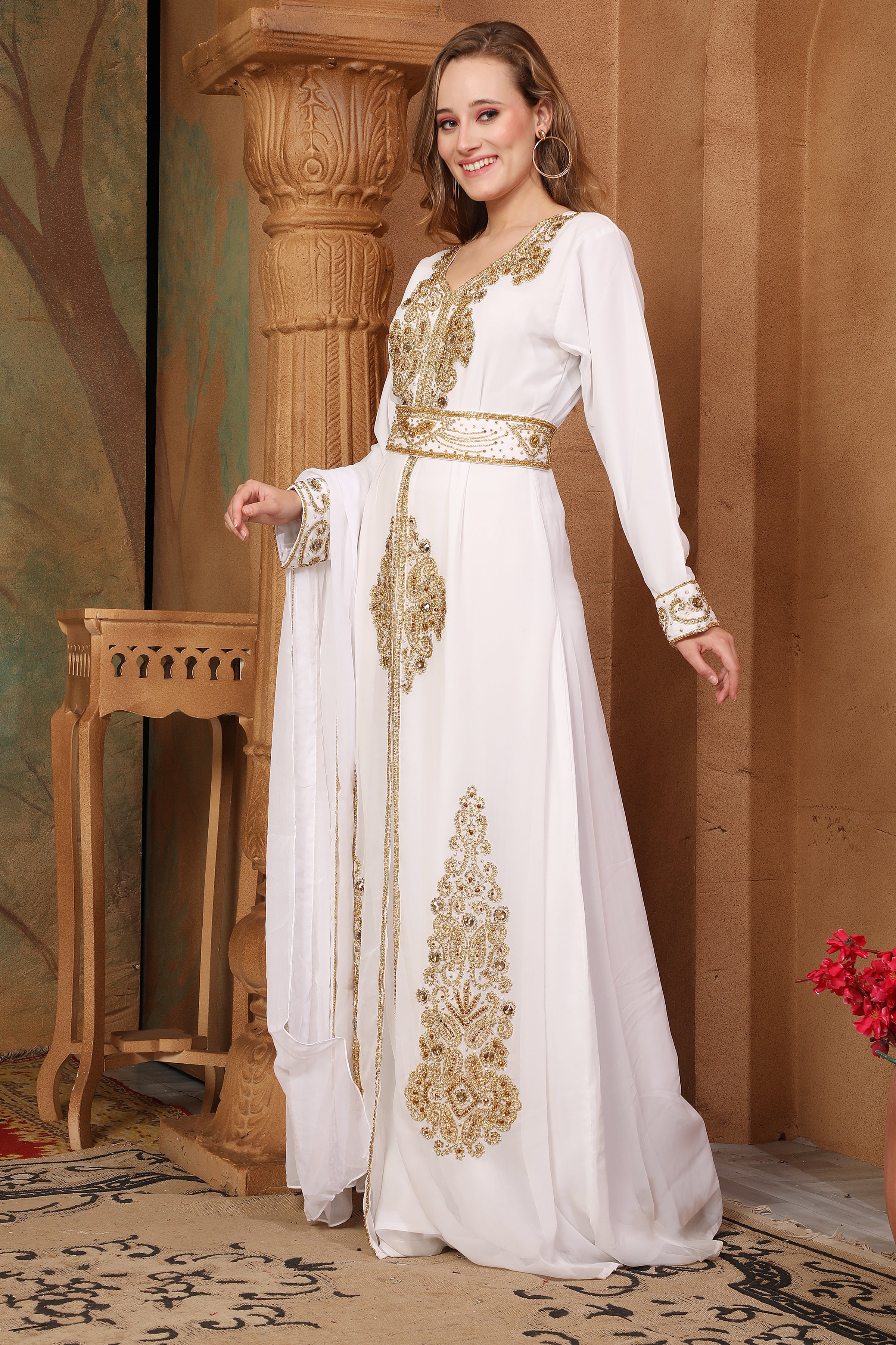 Side of Sultana White Moroccan Caftan With Hand Embroidery