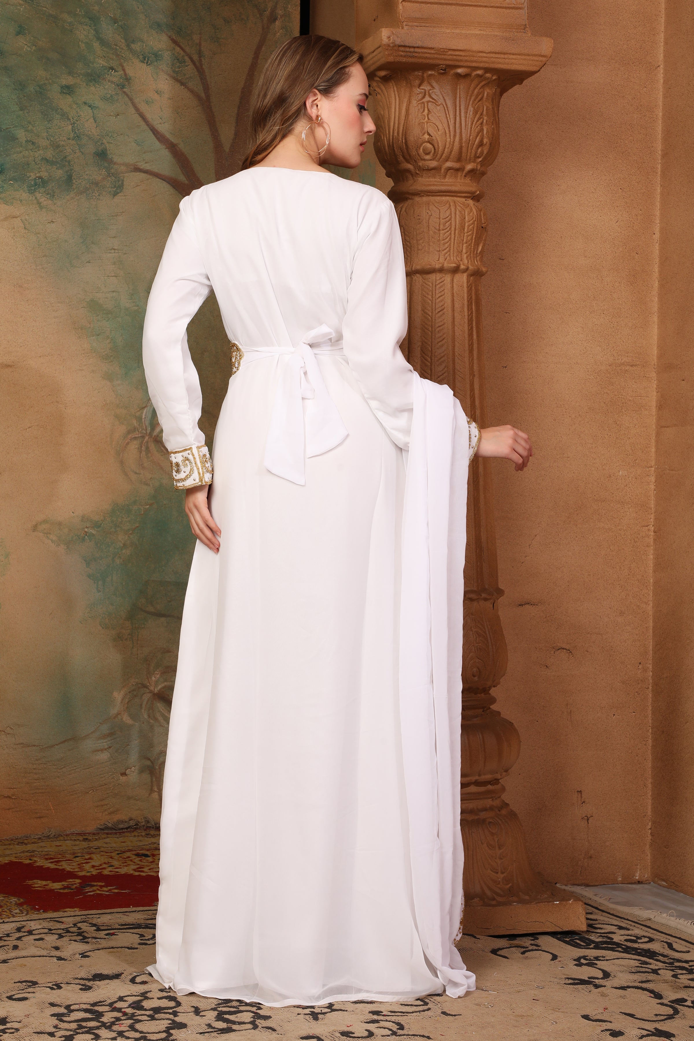 Back of Sultana White Moroccan Caftan With Hand Embroidery