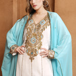 Closeup of Umarah Blue And White Inner Jacket Caftan With Lace Work