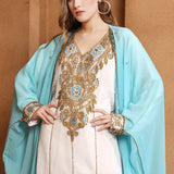 Closeup of Umarah Blue And White Inner Jacket Caftan With Lace Work