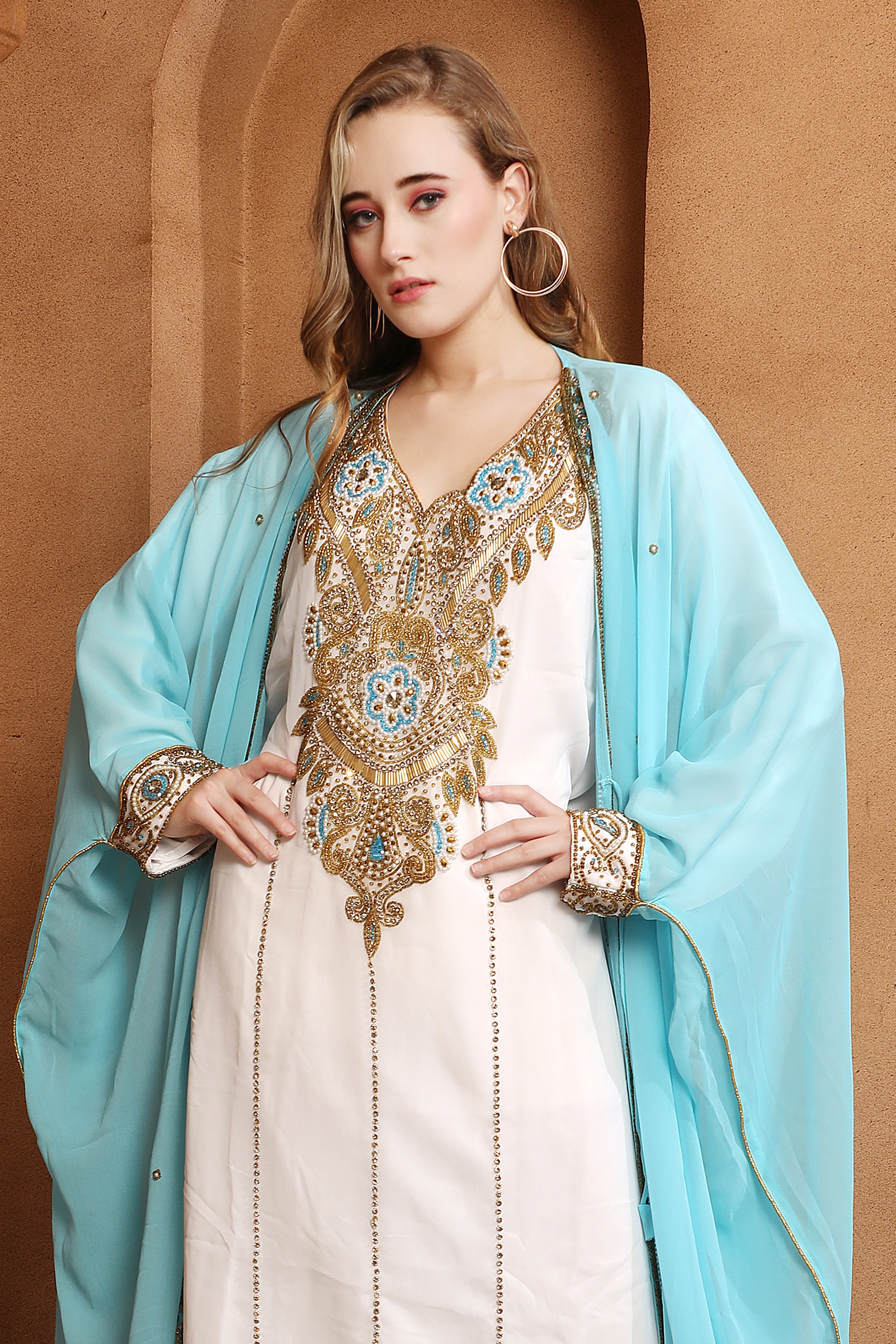 Closeup of Umarah Blue And White Inner Jacket Caftan With Lace Work