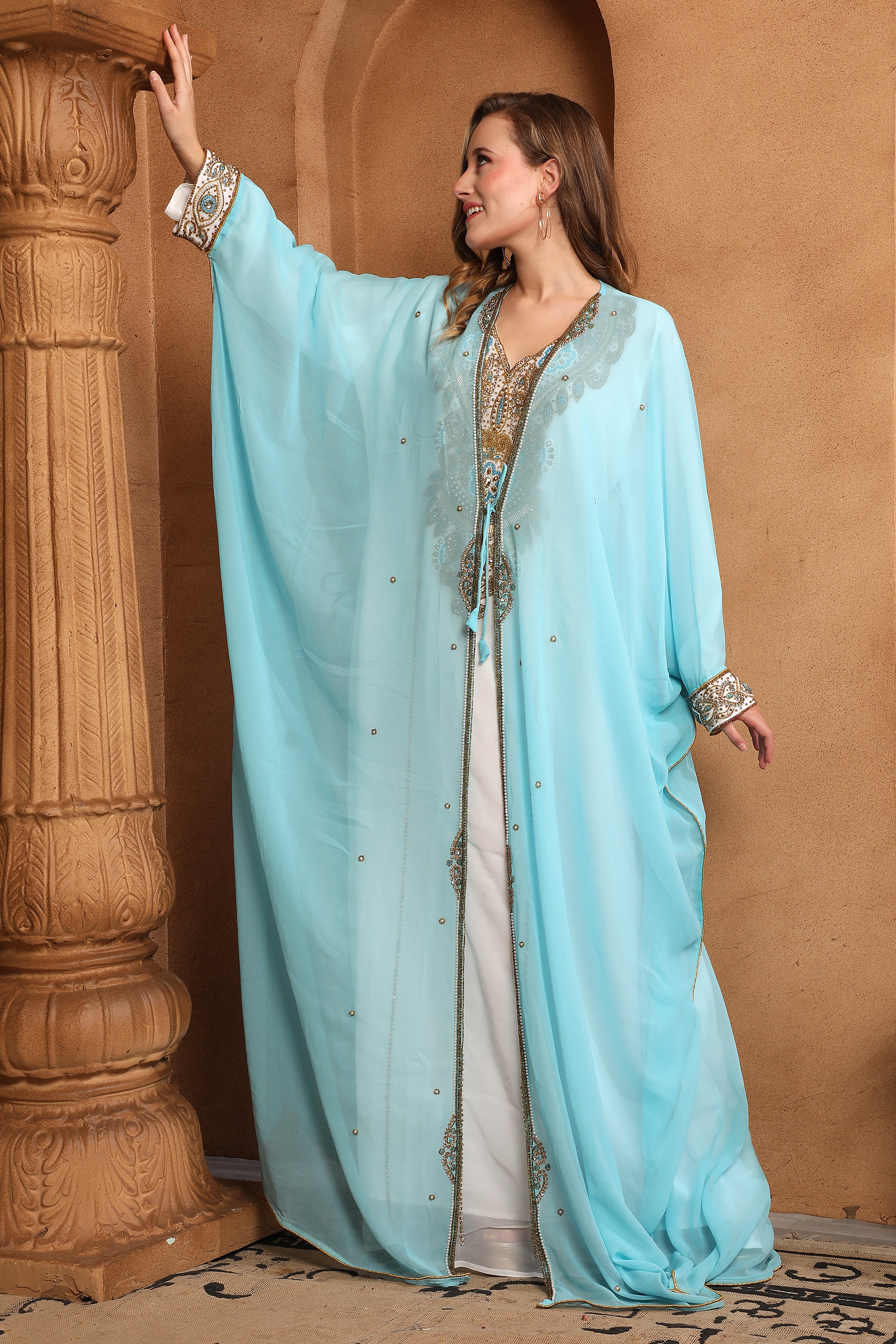 Side of Umarah Blue And White Inner Jacket Caftan With Lace Work