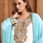 Clsoeup of Umarah Blue And White Inner Jacket Caftan With Lace Work