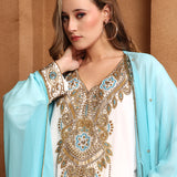 Clsoeup of Umarah Blue And White Inner Jacket Caftan With Lace Work