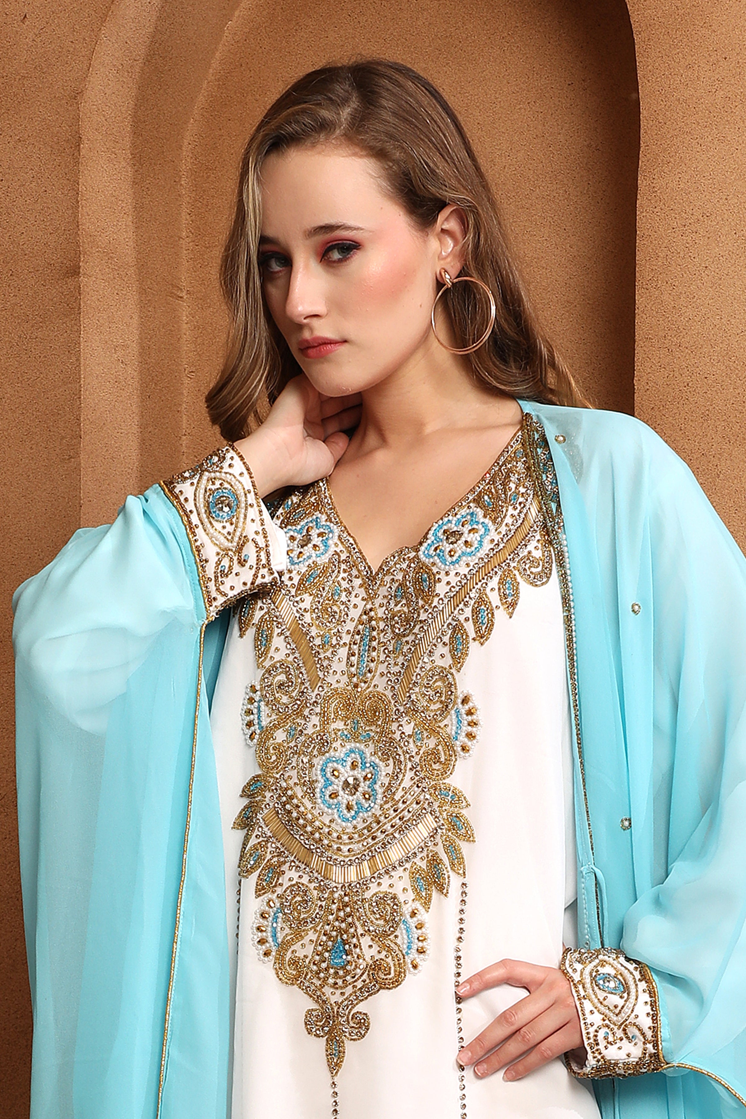 Clsoeup of Umarah Blue And White Inner Jacket Caftan With Lace Work