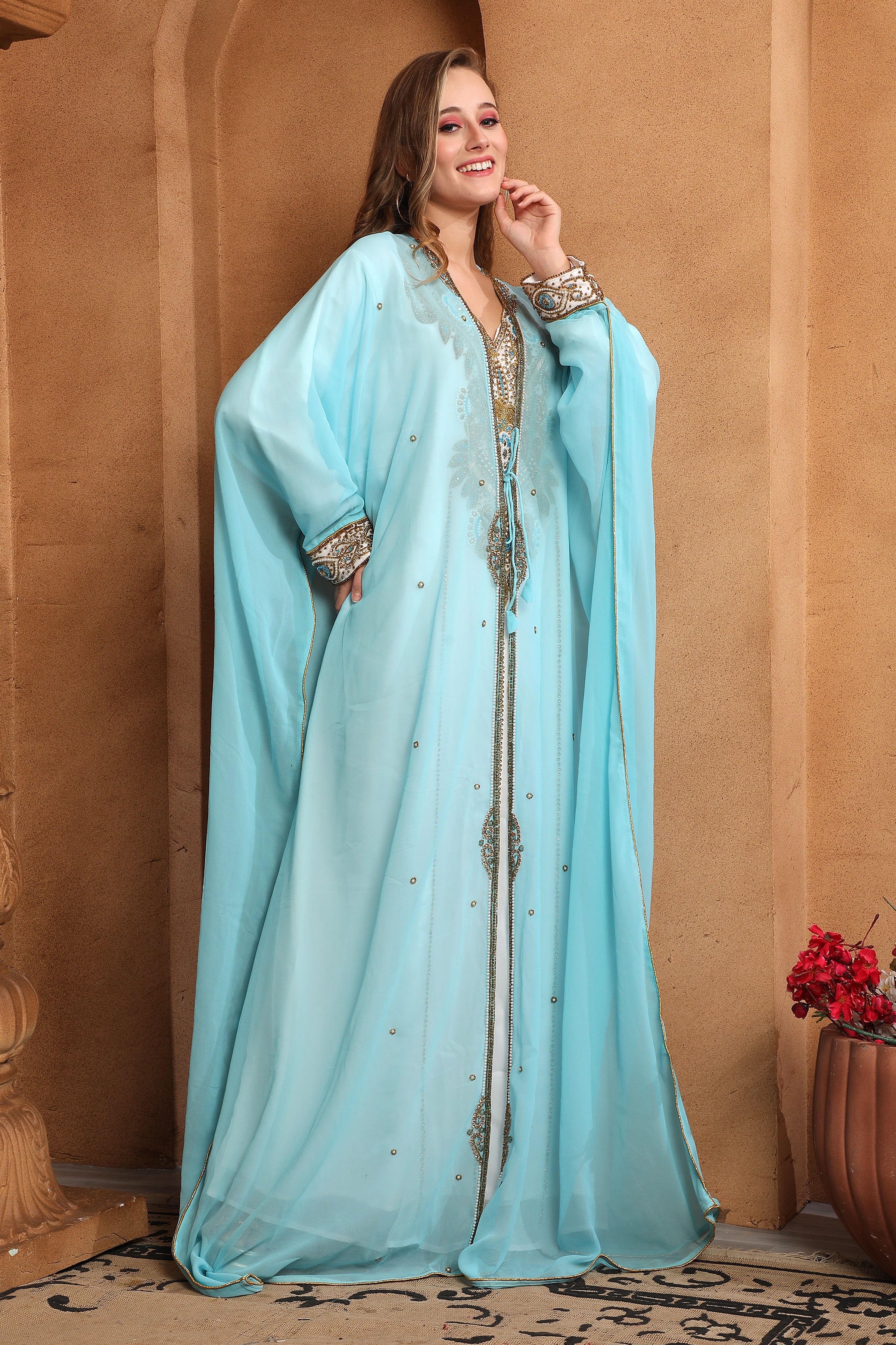 Side of Umarah Blue And White Inner Jacket Caftan With Lace Work