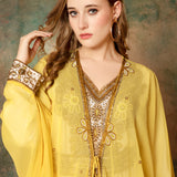 Closeup of Victorya Yellow Inner Jacket Caftan With Lace Work