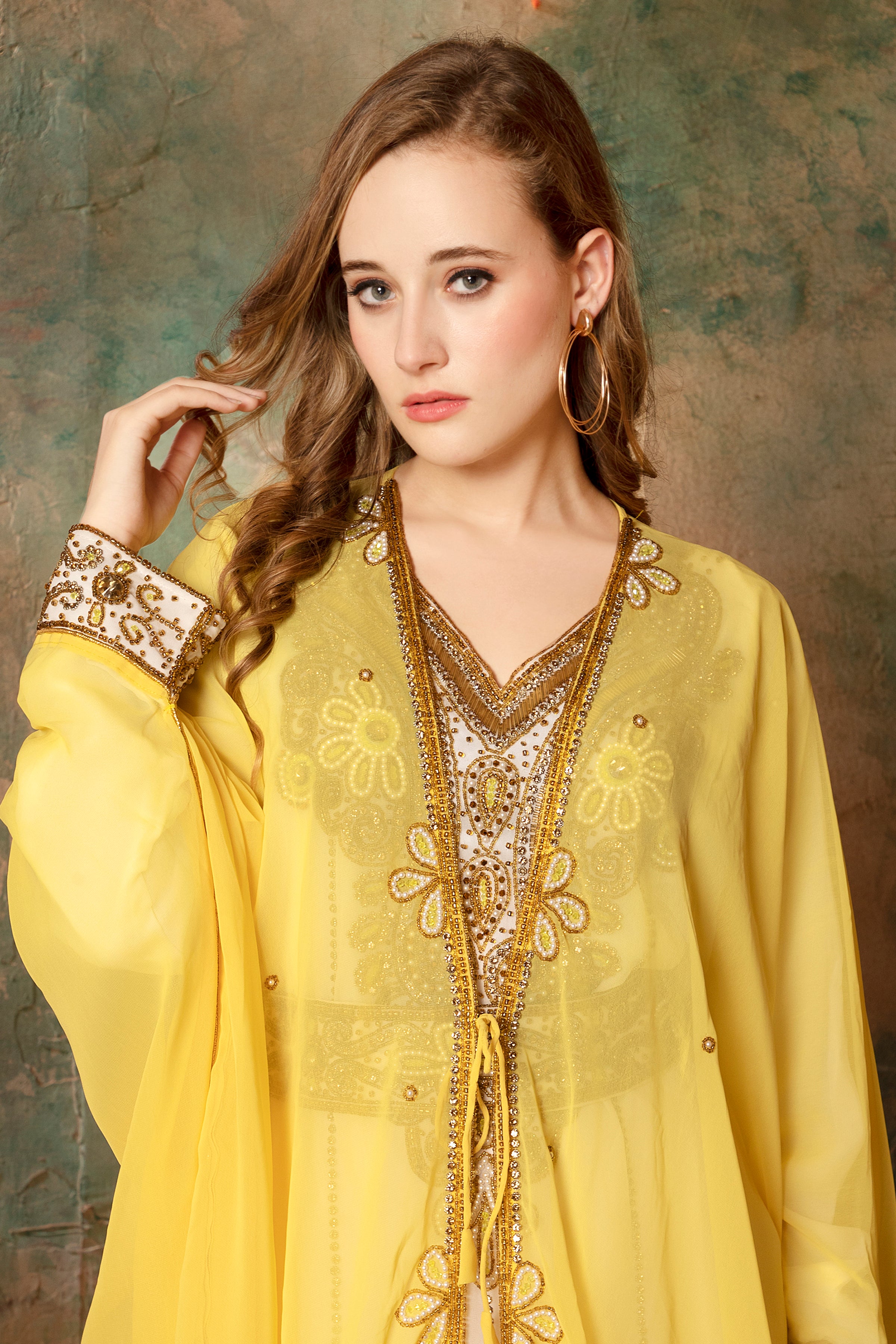 Closeup of Victorya Yellow Inner Jacket Caftan With Lace Work