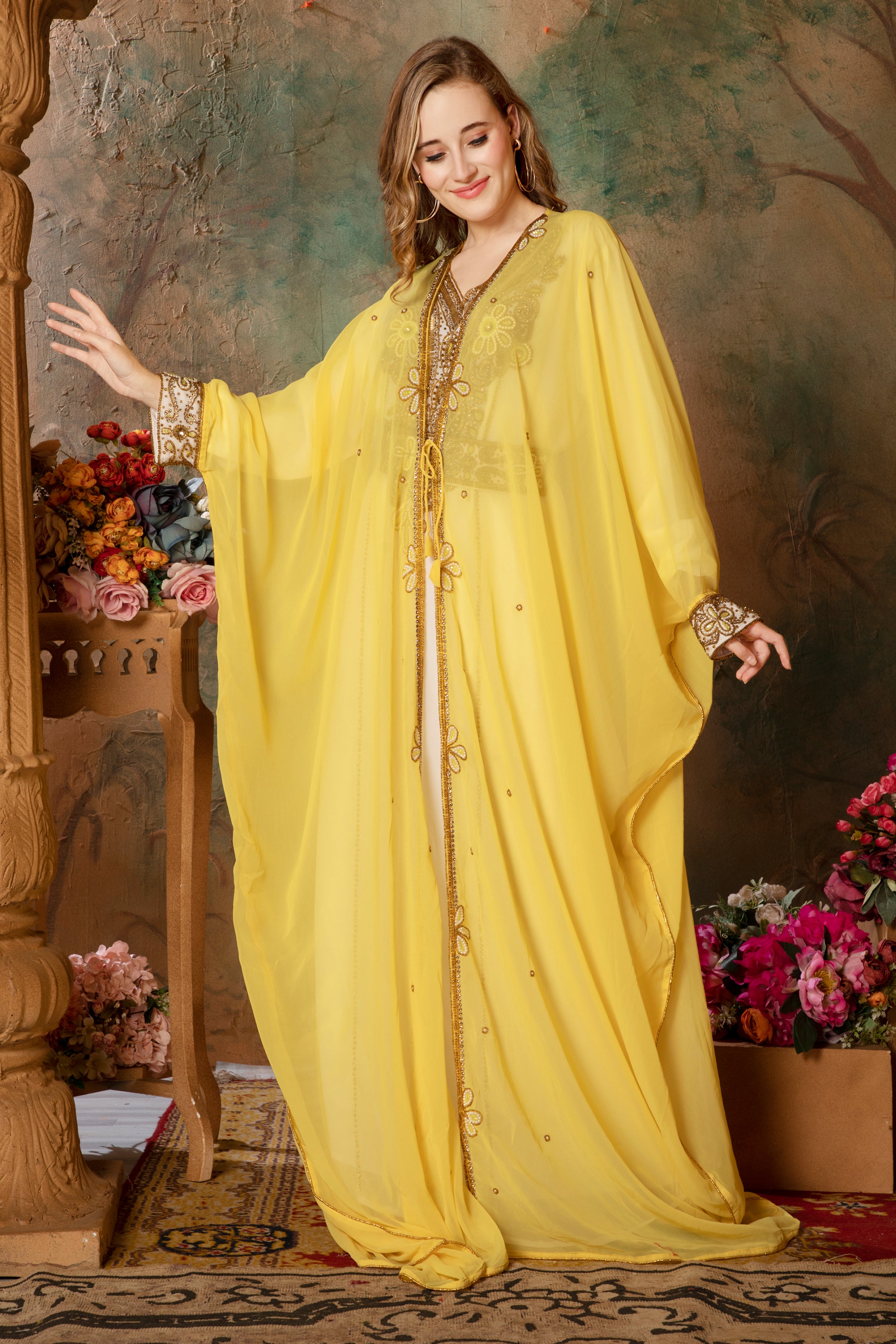 Victorya Yellow Inner Jacket Caftan With Lace Work