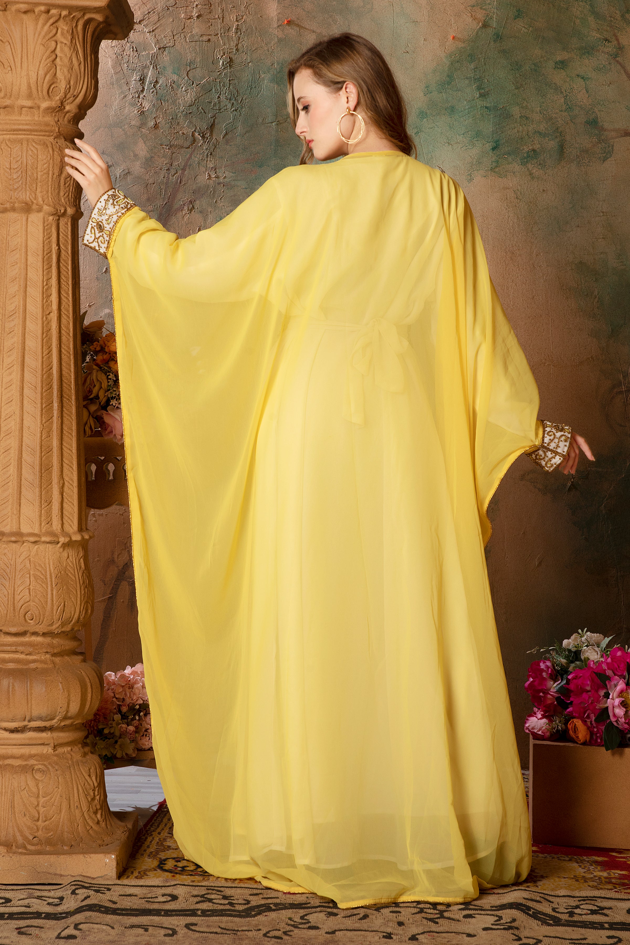 Back of Victorya Yellow Inner Jacket Caftan With Lace Work
