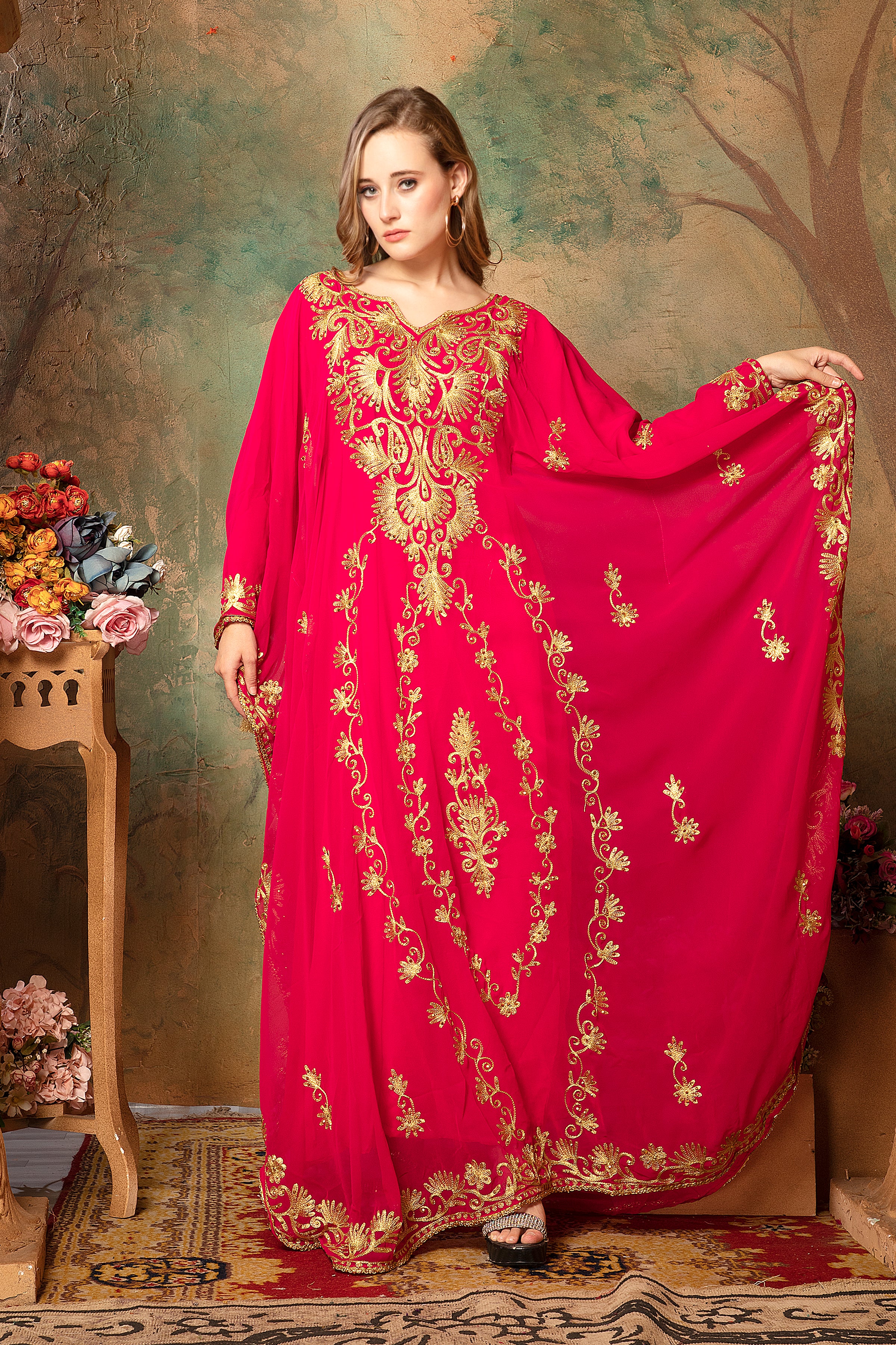 Front of Warda Red Stylish Abaya Dress With Hand Embroidery