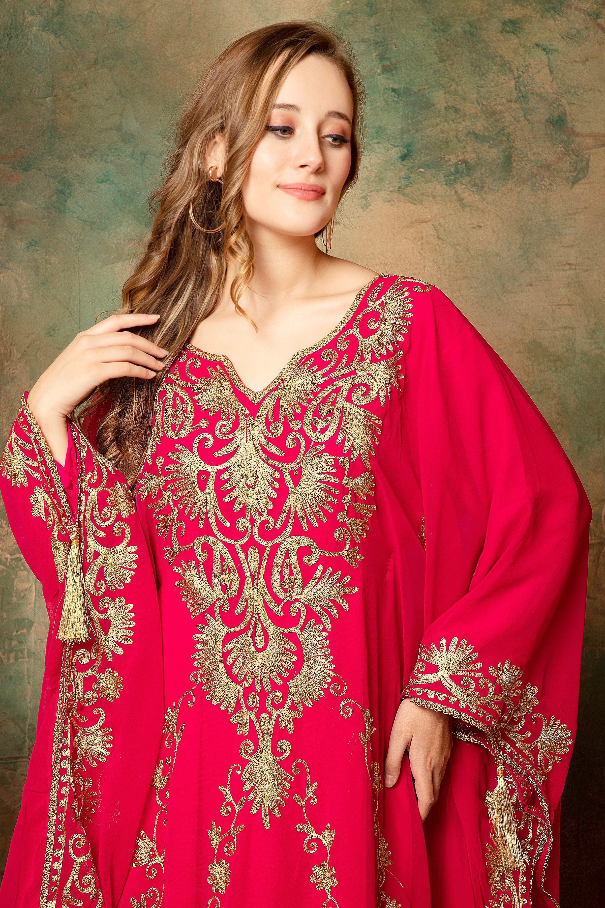 Closeup of Warda Red Stylish Abaya Dress With Hand Embroidery
