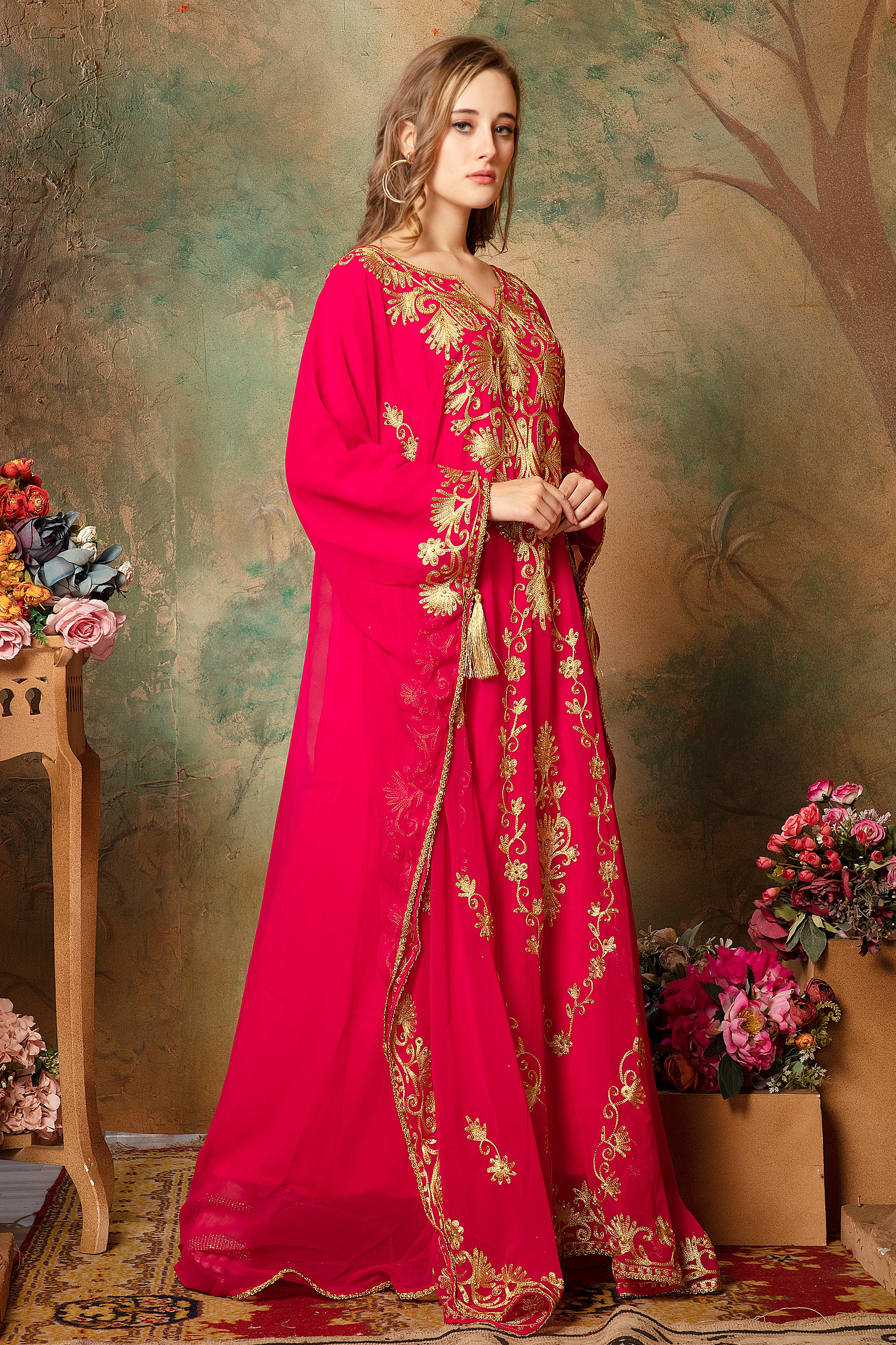 Side of Warda Red Stylish Abaya Dress With Hand Embroidery