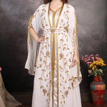 Front view of Dahab Gold Hand-Embellished Moroccan Caftan with gold beadwork and belt.