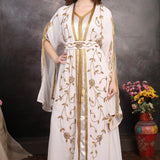 Front view of Dahab Gold Hand-Embellished Moroccan Caftan with gold beadwork and belt.