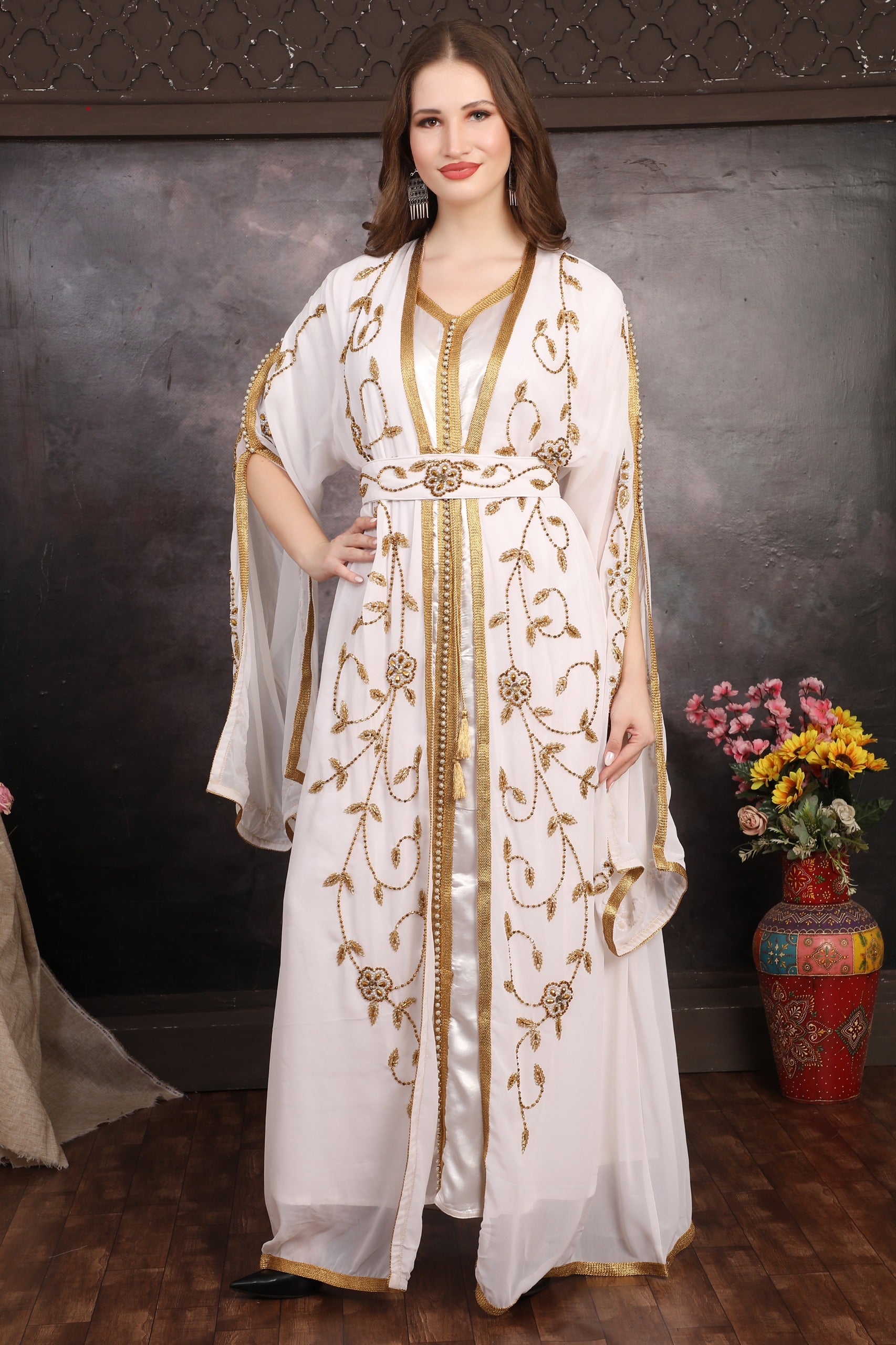 Front view of Dahab Gold Hand-Embellished Moroccan Caftan with gold beadwork and belt.