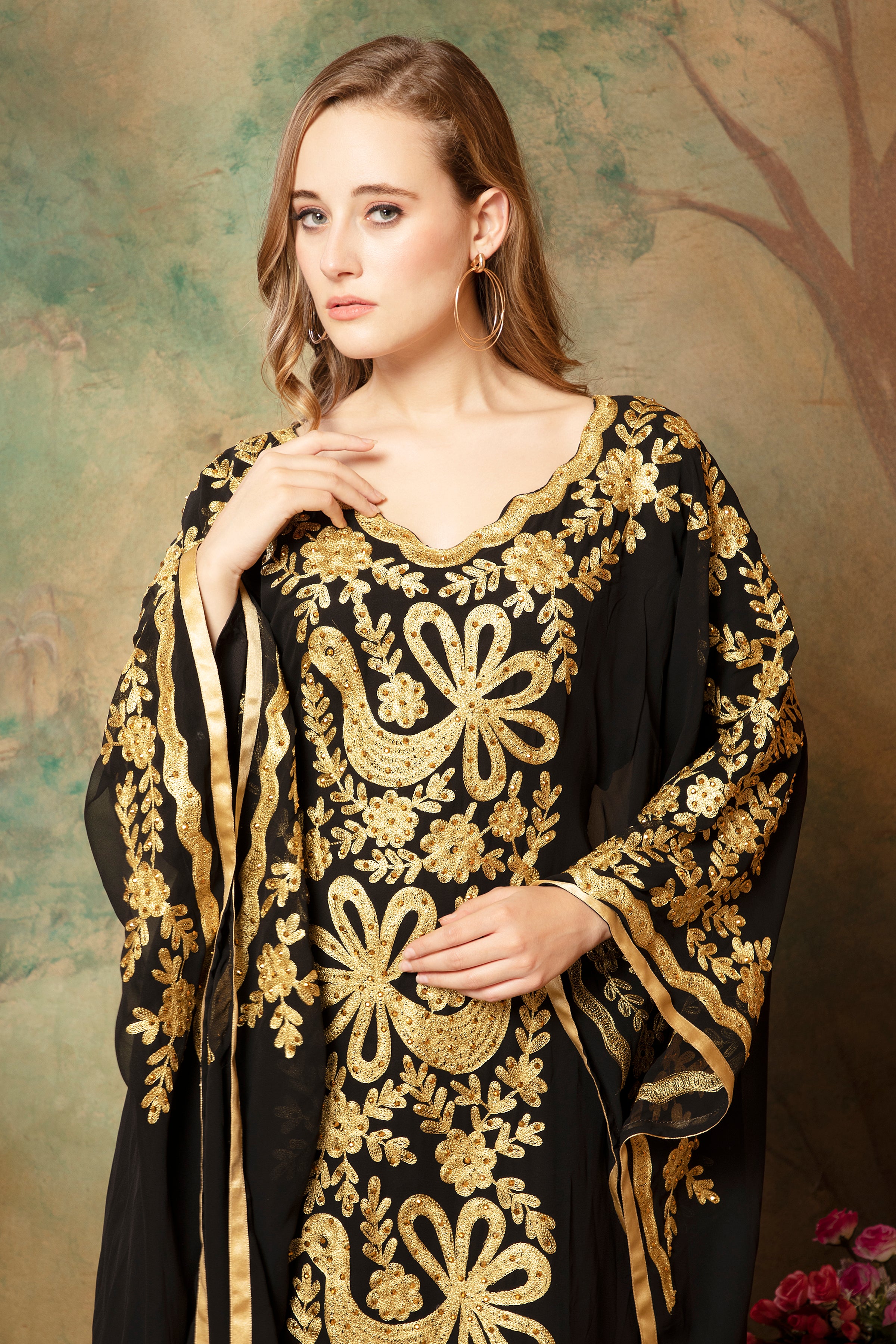 Closeup of Yasmeen Black Stylish Abaya Dress With Hand Embroidery