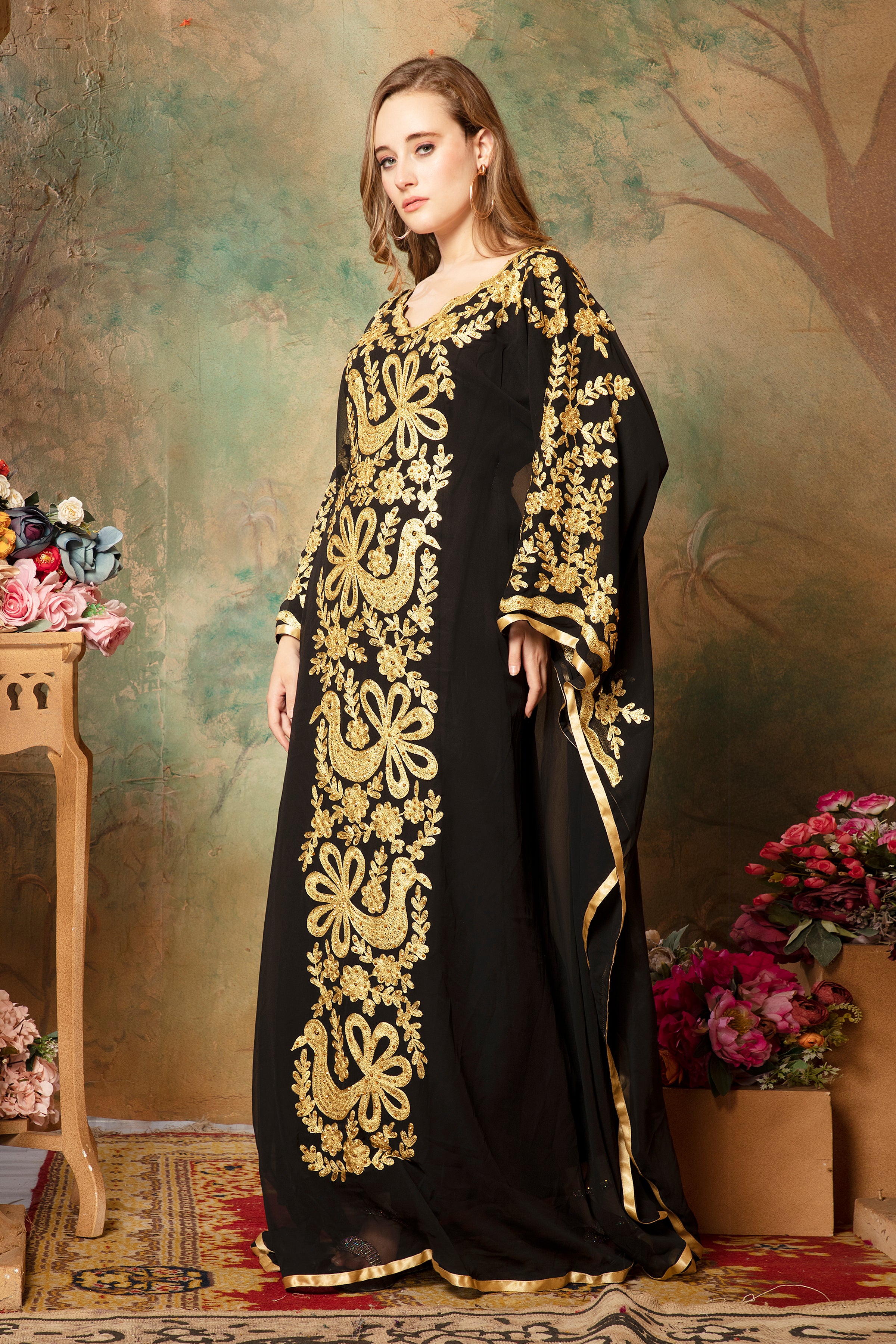 Side of Yasmeen Black Stylish Abaya Dress With Hand Embroidery