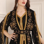 Closeup Yousra Black and Golden Moroccan Takchita with Long Sleeves