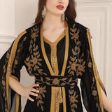 Closeup Yousra Black and Golden Moroccan Takchita with Long Sleeves