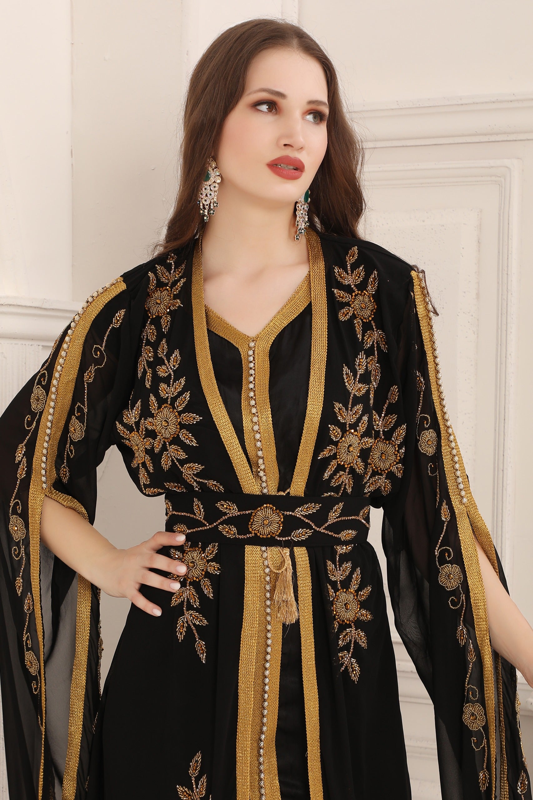 Closeup Yousra Black and Golden Moroccan Takchita with Long Sleeves
