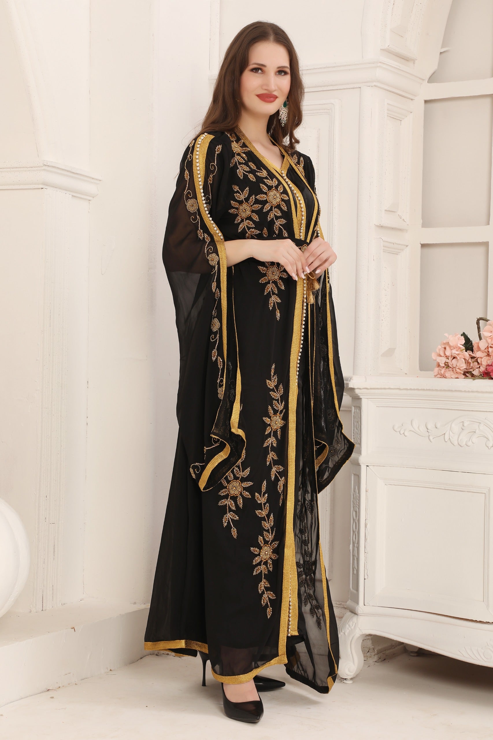 Side of Yousra Black and Golden Moroccan Takchita with Long Sleeves