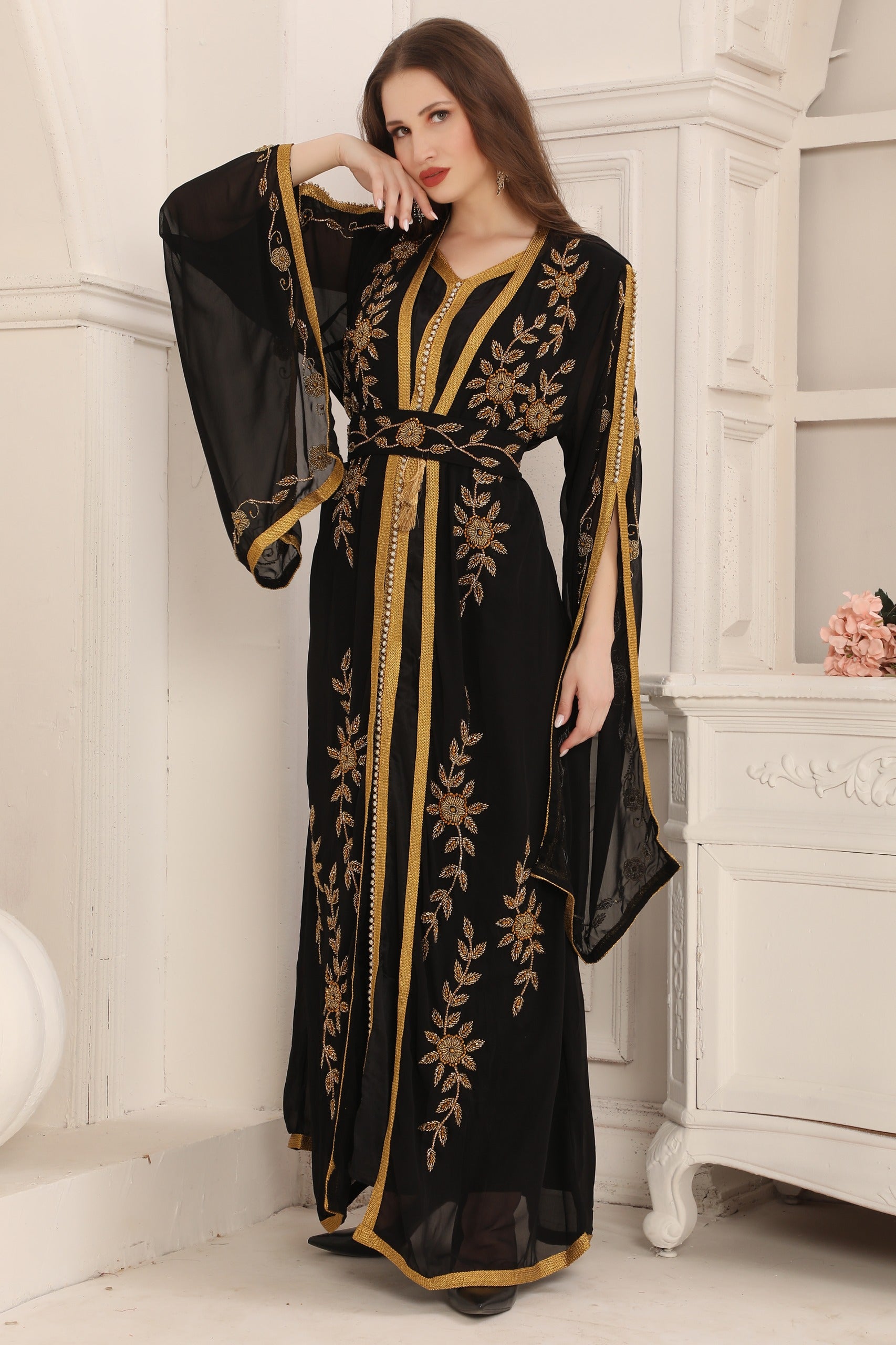 Yousra Black and Golden Moroccan Takchita with Long Sleeves