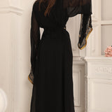 Back of Yousra Black and Golden Moroccan Takchita with Long Sleeves