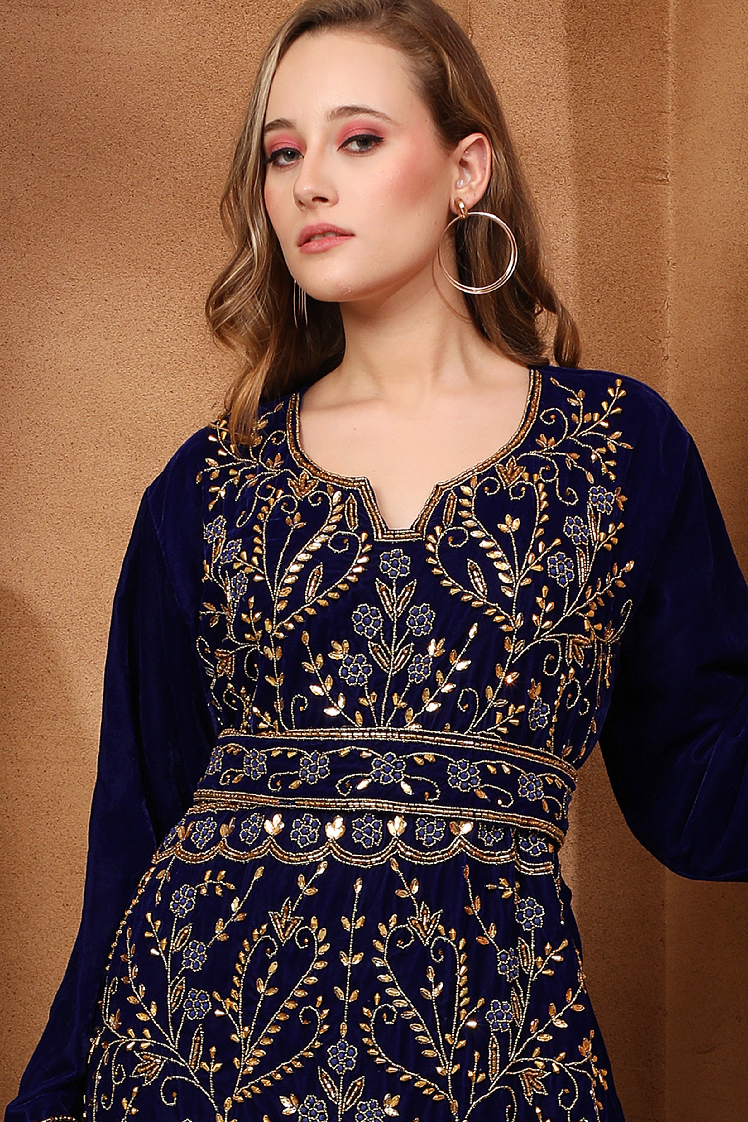 Closeup of Zahra Black Velvet Embroidered Gown