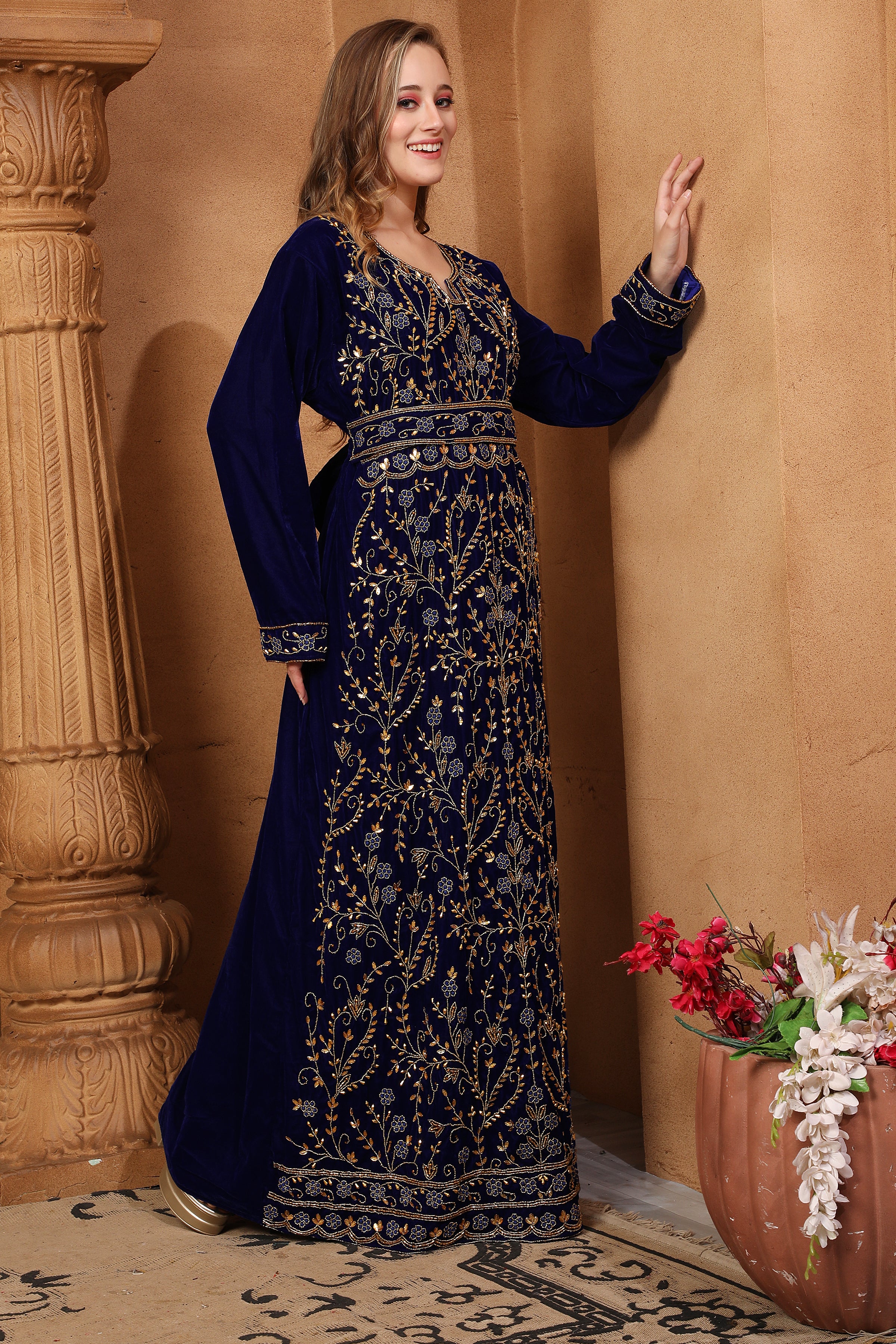 Side of Zahra Black Velvet Embroidered Gown