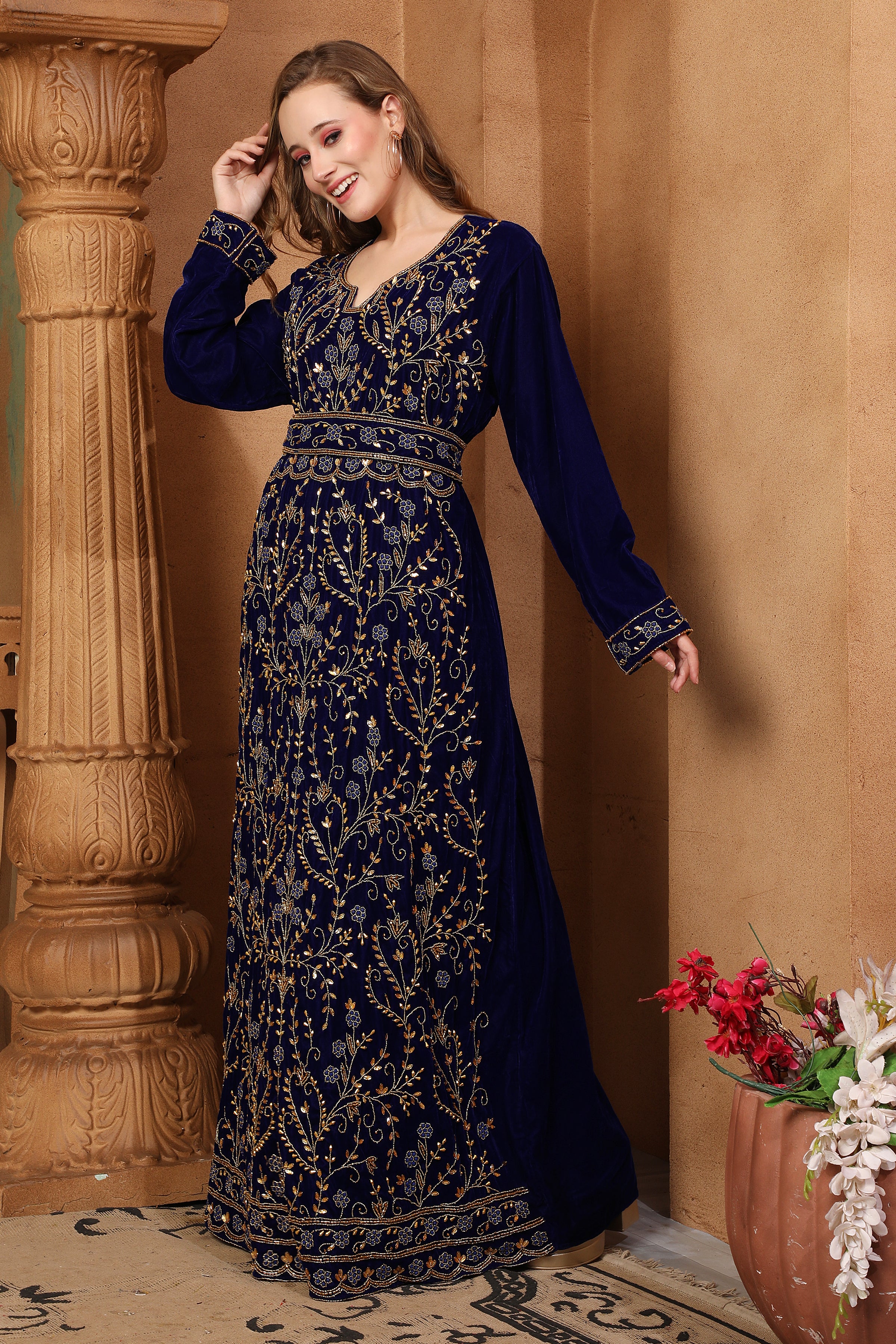 Side of Zahra Black Velvet Embroidered Gown