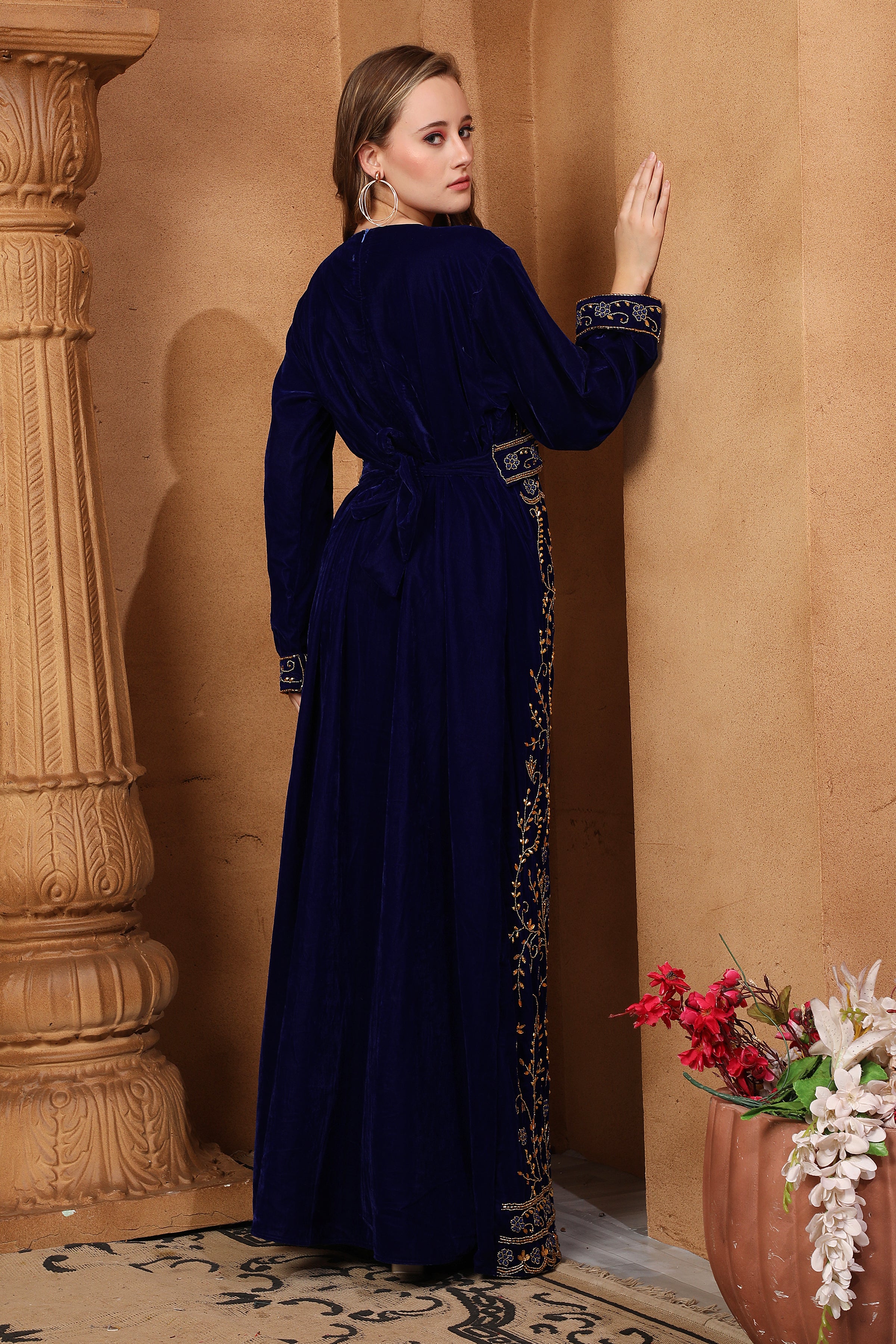 Back of Zahra Black Velvet Embroidered Gown