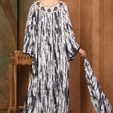 Back of Zaina Black And White Cotton Kaftan With Thread Work