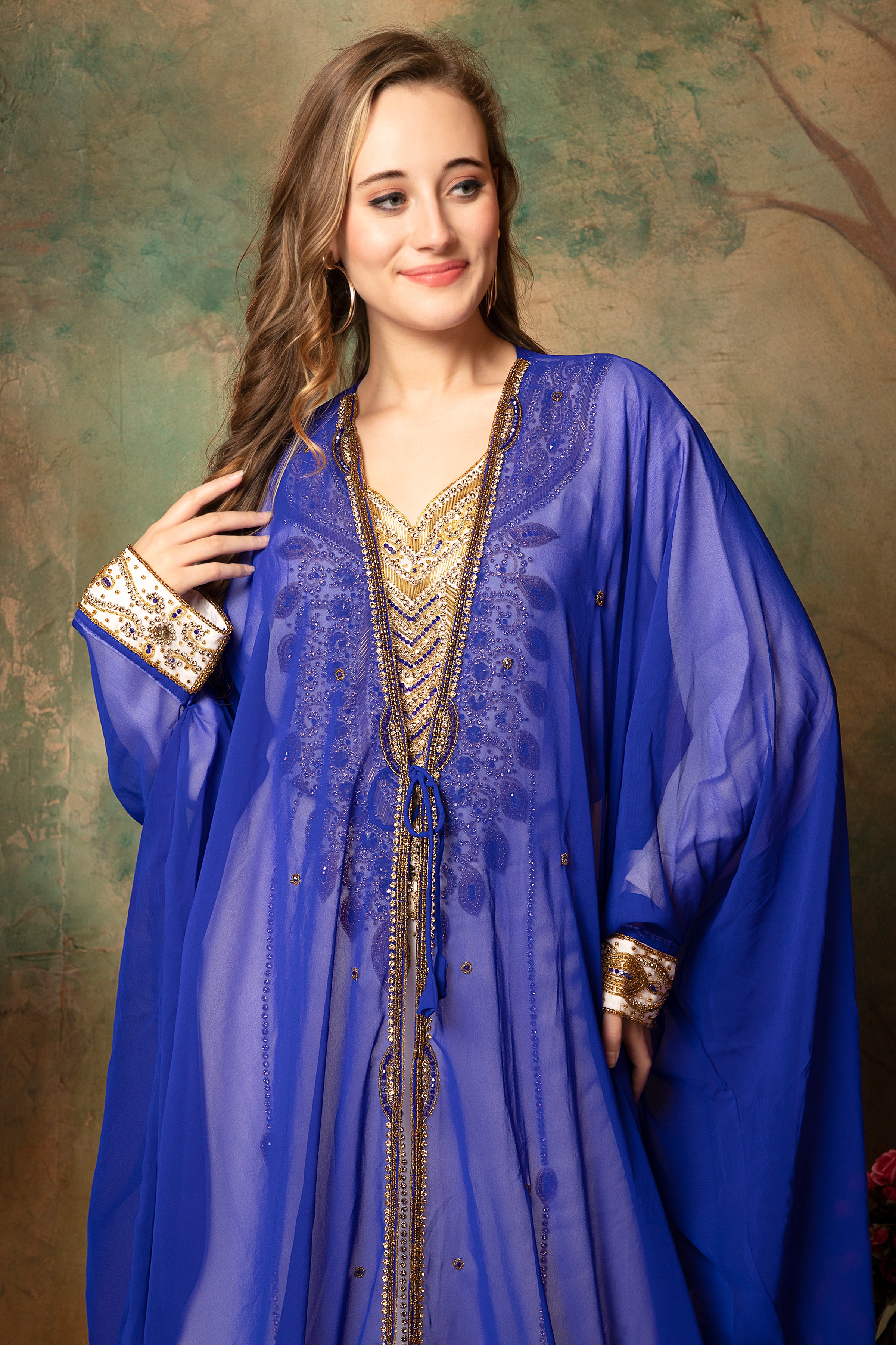 Closeup of Zainab Blue Inner Jacket Caftan With Lace Work